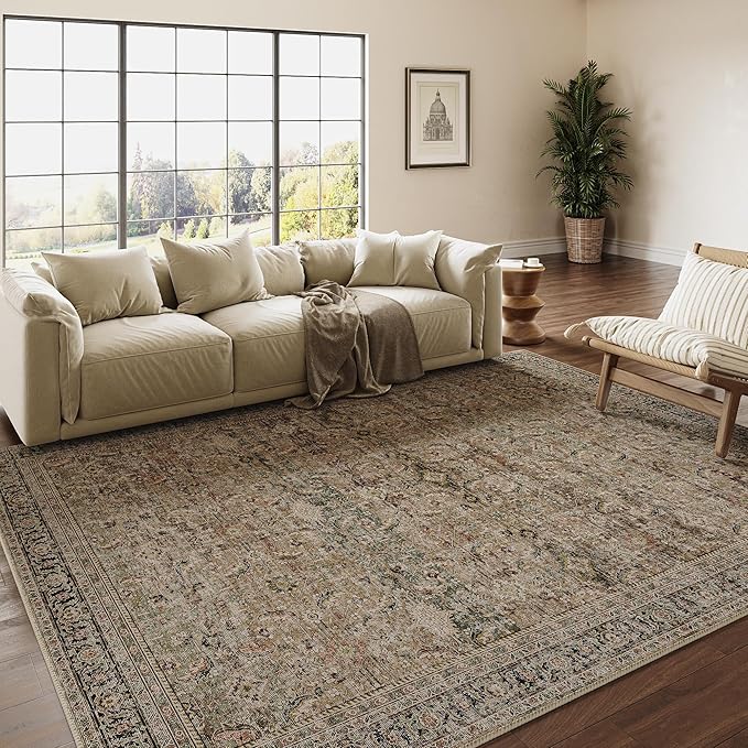 6x9 Washable Area Rug Brown Vintage Distressed Living Room Bedroom Large Throw Rug Non Slip Low Pile Soft Accent Indoor Floor Carpet for Dining Room Office Entryway Kitchen