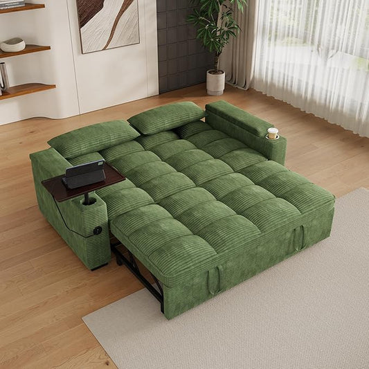 65" Sofa Bed, Loveseat 3-in-1 Sleeper Sofa with Pull Out Bed, 360° Swivel Side Table and USB, 2 Seater Convertible Small Couch for Living Room Apartment (Green, Corduroy)