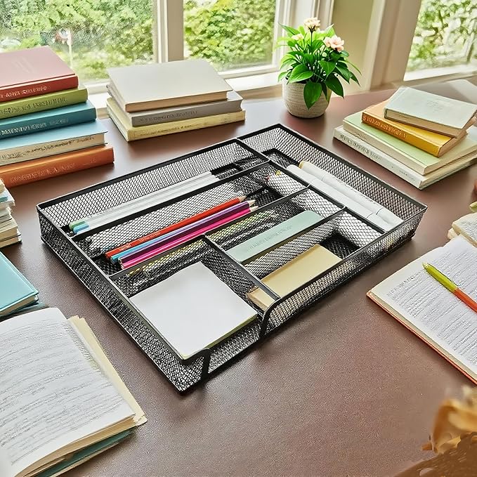 Desk Drawer Organizer Metal Mesh Drawer Organizer Tray for Office School or Home Supplies Desktop Storage Stationery，6 Compartments, 12.6 x 8.27 x 1.57 inch，Black (1pc pack)
