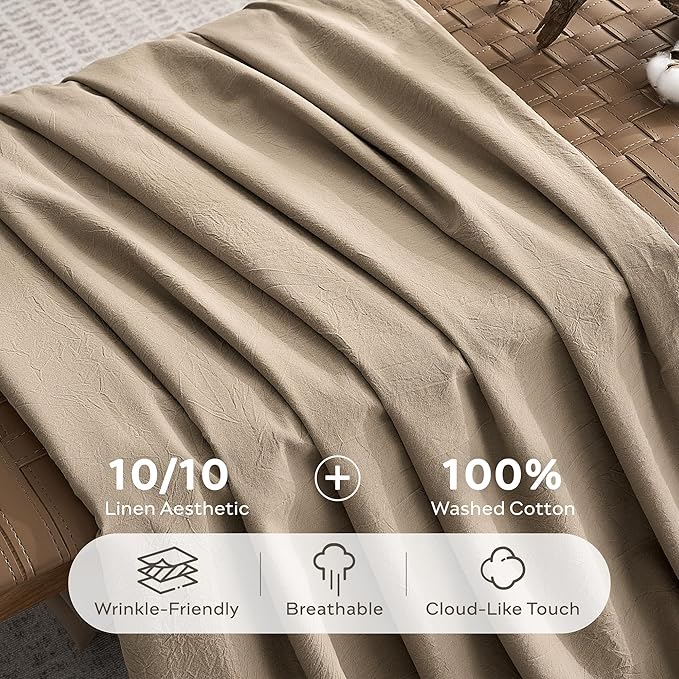 JELLYMONI 100% Washed Cotton Duvet Cover Twin – Soft, Breathable Linen-Look Bedding with Natural Wrinkle Texture, Button Closure, 3-Piece Set (Dusty Khaki, 68"x90")
