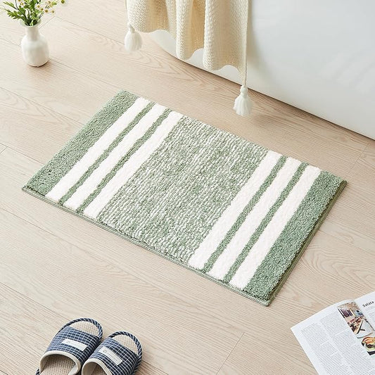 CozeCube Bath mats for Bathroom Non Slip, Fluffy Absorbent Microfiber Bath mat Washable, Aesthetic Bathroom Rugs, Small Sage Green Striped Bath mat, Sage Green, 24" x 16"