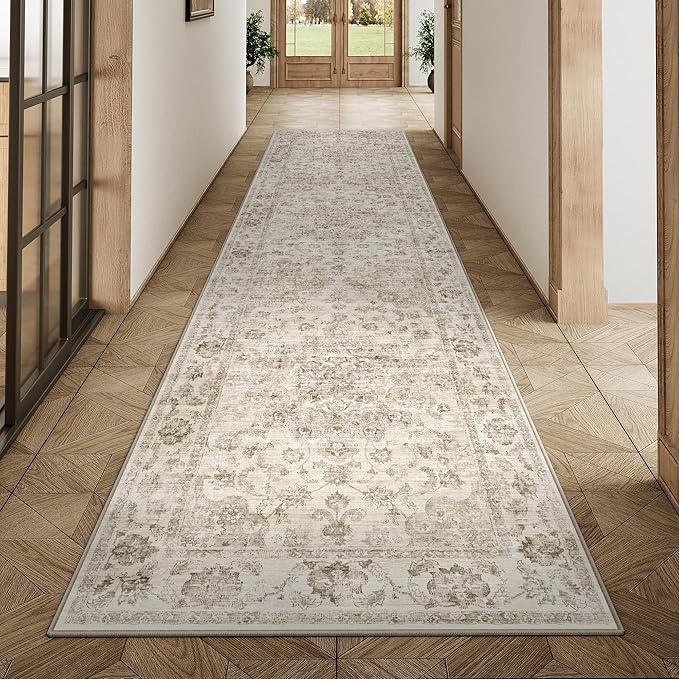2x8 Washable Neutral Runner Rug Beige Vintage Hallway Kitchen Carpet Non-Slip Soft Low Pile Floral Throw Rug for Bedroom Bathroom Laundry Living Room