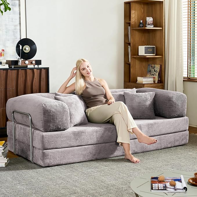 78 Inch Convertible Sofa Bed, Corduroy Boneless Couch with Fixed Frame and 4 Pillows, Modular Sectional Couch for Living Room Bedroom Studio Floor Bed Loveseat Sofa (Grey)