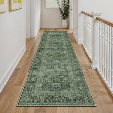 2x8 Washable Runner Rug for Kitchen Hallway Green Vintage Non-Slip Low Pile Distressed Rustic Carpet Lightweight Vacuumable Soft Long Throw Rug for Entryway Bedroom