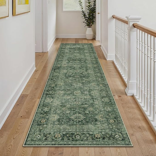 2x8 Washable Runner Rug for Kitchen Hallway Green Vintage Non-Slip Low Pile Distressed Rustic Carpet Lightweight Vacuumable Soft Long Throw Rug for Entryway Bedroom