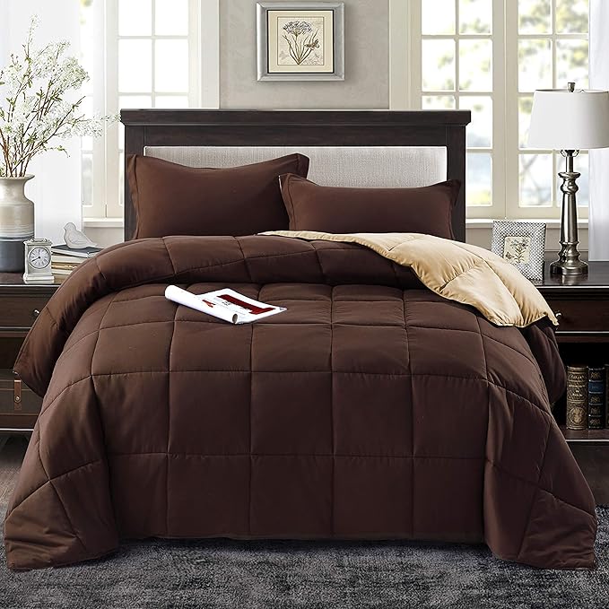 HIG 3pc Down Alternative Comforter Set - All Season Reversible Comforter with Two Shams - Quilted Duvet Insert with Corner Tabs - Box Stitched - Super Soft, Fluffy (King/Cal King, Chocolate)