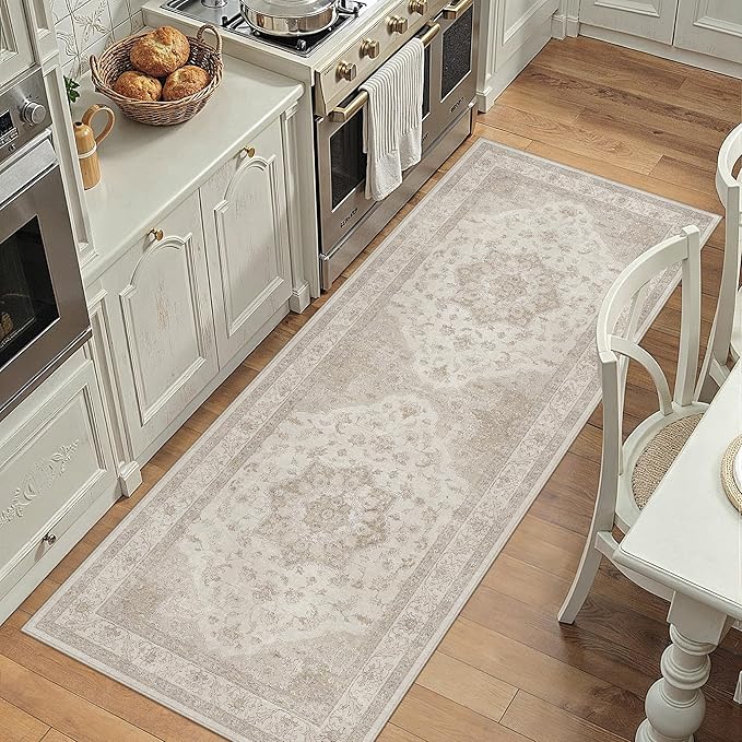 Beige Runner Rug 2x6 Washable Vintage Long Carpet for Hallway Kitchen Soft Retro Low Pile Thin Indoor Runner Non Slip Oriental Medallion Throw Rug for Bathroom Bedroom Laundry Dining Room