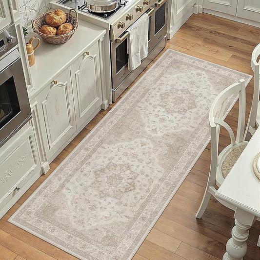 Beige Runner Rug 2x6 Washable Vintage Long Carpet for Hallway Kitchen Soft Retro Low Pile Thin Indoor Runner Non Slip Oriental Medallion Throw Rug for Bathroom Bedroom Laundry Dining Room