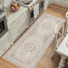 Beige Runner Rug 2x5 Washable Vintage Carpet Hallway Kitchen Soft Retro Low Pile Thin Indoor Bedroom Non Slip Oriental Medallion Long Throw Rug for Bathroom Laundry Dining Room