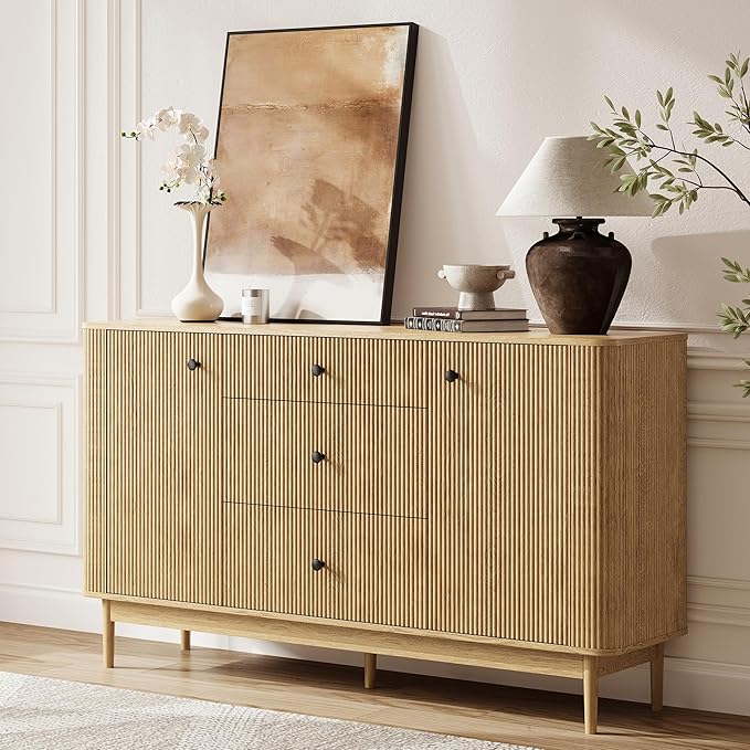 59" Sideboard Buffet Cabinet with Storage, Modern Fluted Accent Credenza with Charging Station, Wood Mid Century Buffet Table Coffee Bar Console Table with 3 Drawers & 2 Doors for Kitchen, Entryway