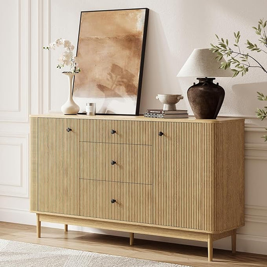 59" Sideboard Buffet Cabinet with Storage, Modern Fluted Accent Credenza with Charging Station, Wood Mid Century Buffet Table Coffee Bar Console Table with 3 Drawers & 2 Doors for Kitchen, Entryway