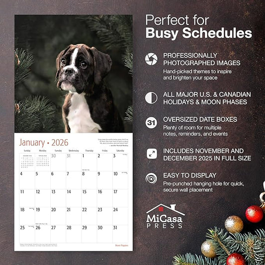 MICASA PRESS Boxer Puppies 2026 Wall Calendar 12 Month | 12" x 24" Open | Thick & Sturdy Paper | Holiday Gift | Cute Puppy Dog Calendar 2026