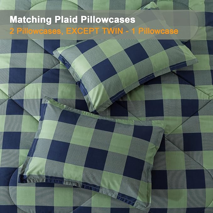 Andency Green Plaid Comforter Full(79x90Inch), 3 Pieces (1 Comforter, 2 Pillowcases) Buffalo Checkered Gingham Bed Set, Soft Geometric Bedding for Boys