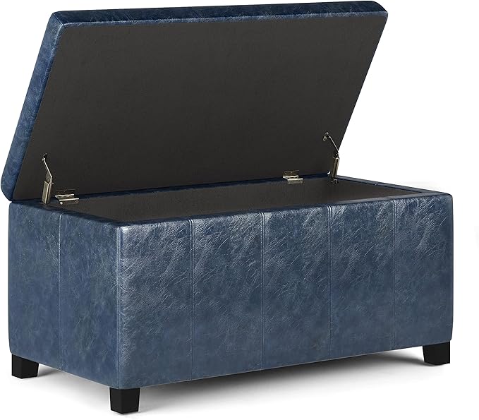 SIMPLIHOME Dover 36 inch Wide Contemporary Rectangle Storage Ottoman Bench in Denim Blue Vegan Faux Leather, Assembled, for the Living Room, Entryway and Family Room
