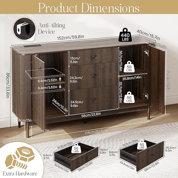 59" Sideboard Buffet Cabinet with Storage, Modern Fluted Accent Credenza with Charging Station, Wood Mid Century Buffet Table Coffee Bar Console Table with 3 Drawers & 2 Doors for Kitchen, Entryway