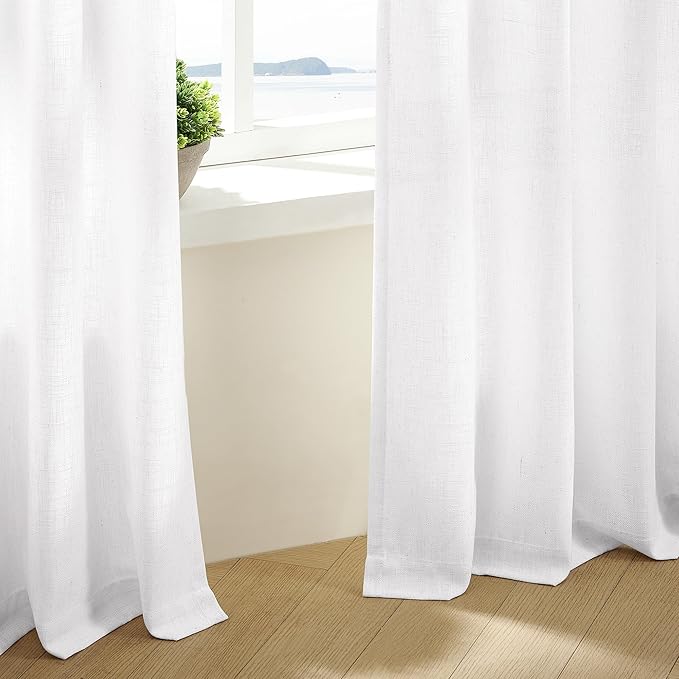 Pleated Linen White Curtains 96 Inches Long 2 Panels Set for Living Room Bedroom Neutral Farmhouse Cotton Linen Blend Back Tab Memory Shape Pinch Pleat Ceiling to Floor Window Curtain Snow White 8 Ft