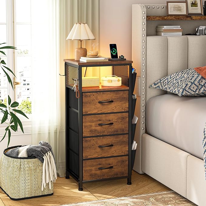 EnHomee Nightstand Set of 2, Night Stand with Charging Station & LED, Bedside Table with Fabric Drawers and Storage Shelf, Sturdy Steel Frame, Wood Top, Cloth Bags, Hooks, Brown