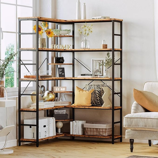 IRONCK Industrial Bookcases and Bookshelves, 5-Tiers Corner Bookcase with Curved Panels, L Shaped Shelf with Metal Frame for Open Storage for Living Room Home Office, Vintage Brown