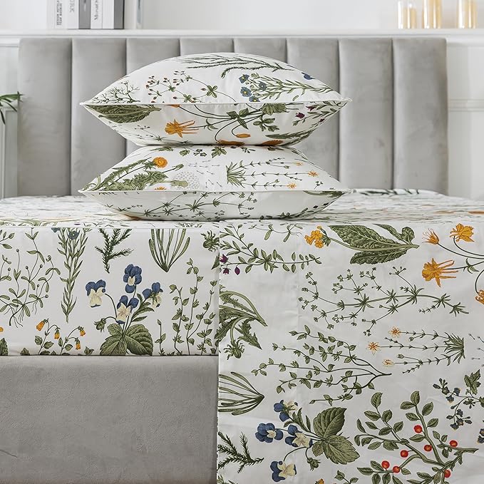 FADFAY Twin XL Sheets Set, 100% Percale Cotton Floral Dorm Bedding, Extra Long Twin Botanical Print Sheets & Pillowcases Yellow Flowers & Leaves, Breathable & Soft Wildflower Bedding for College
