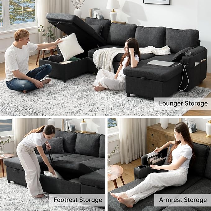 DURASPACE Sofa Bed Sleeper Sofa Pull Out Couch with Double Storage Chaise, Sectional for Living Room, U Shaped Couch with Removable Covers (Dark Gray)