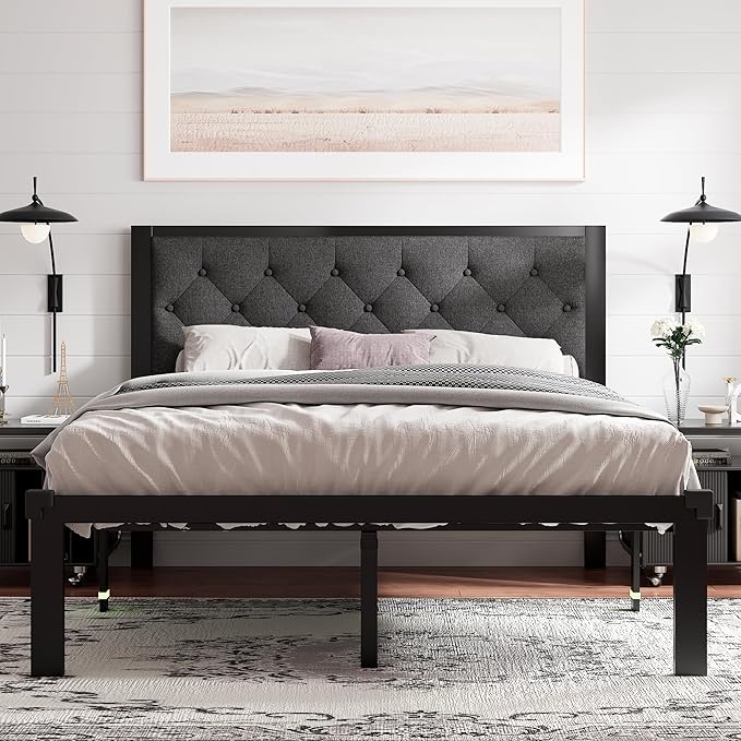 Feonase Queen Size Metal Bed Frame, Heavy-Duty Platform Bed Frame with Linen Upholstered Headboard, 12" Under-Bed Space, Steel Slats Support, No Box Spring Needed, Gray