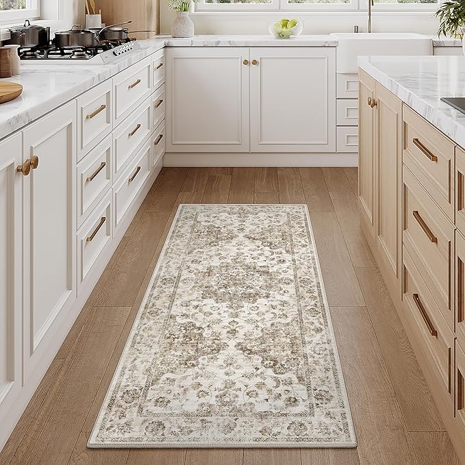2x5 Washable Neutral Runner Rug Brown Vintage Hallway Kitchen Carpet Non-Slip Soft Low Pile Floral Throw Rug for Bedroom Bathroom Laundry Living Room