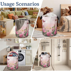 Butterfly Laundry Basket,Oxford Cloth Pink Rose Laundry Hamper With Handle Foldable Portable Clothes Storage Basket for Laundry Room/Bedroom/Bathroom 20.8