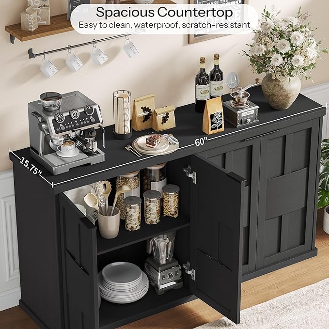 Sideboard Buffet Cabinet with Storage, 60" Modern Farmhouse Accent Cabinet with Geometric Fluted Doors & Magnetic Catch, Wood Coffee/TV Console Table Credenza for Kitchen, Living Room (Black)