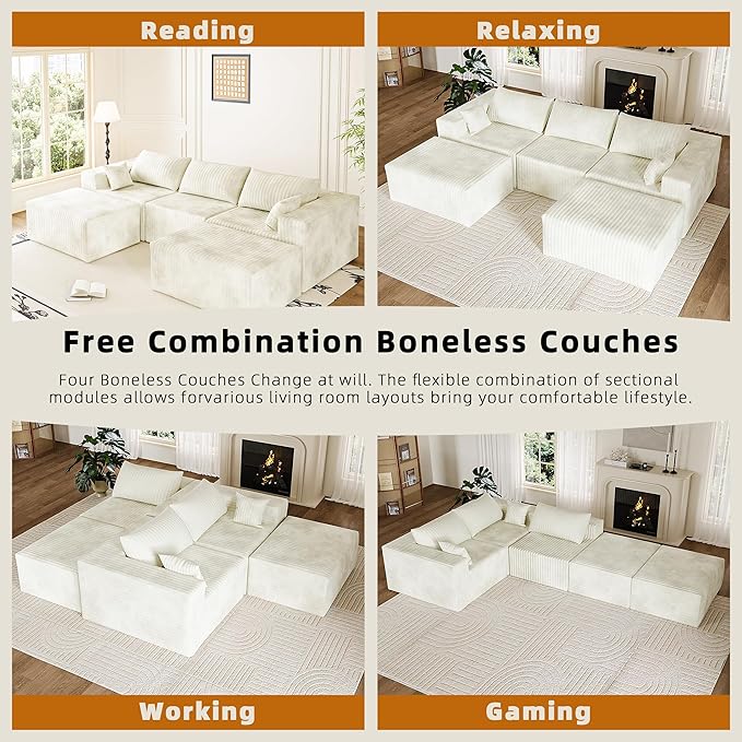 110" Cloud Couch Sectional for Living Room U-Shape Boneless Couches Modular Sectional Sofa with Deep Seat with Chaise,No Assembly Required, Carbon White(Plush Corduroy Fabric)