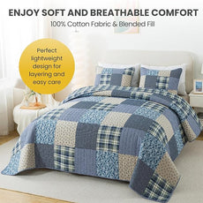 SLPR Blue Symphony Cotton Pieced Quilt Set - King with 2 Shams, Farmhouse Patchwork Quilted Bedspread with Check and Plaid Pattern, Lightweight and Cozy Country Checkered Bedding