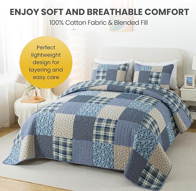 SLPR Blue Symphony Cotton Pieced Quilt Set - King with 2 Shams, Farmhouse Patchwork Quilted Bedspread with Check and Plaid Pattern, Lightweight and Cozy Country Checkered Bedding