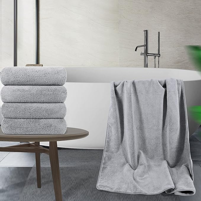 POLYTE Microfiber Quick Dry Lint Free Bath Towel, 57 x 30 in, Pack of 4 (Gray)