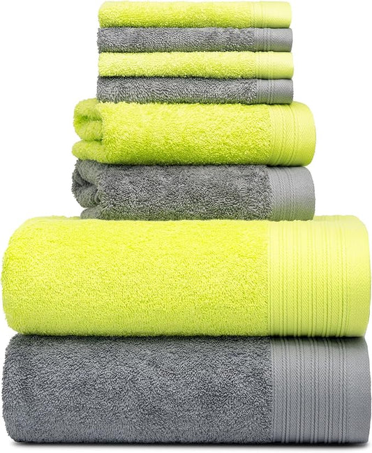 Premium 8 Pieces Towel Set Including 2 Bath Towels 30" x 56", 2 Hand Towels 18" x 30" and 4 Washcloths 13" x 13" - Color: Dark Grey & Green | Pure Cotton |Machine Washable high Absorbency