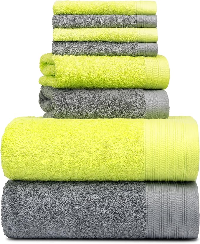 Premium 8 Pieces Towel Set Including 2 Bath Towels 30" x 56", 2 Hand Towels 18" x 30" and 4 Washcloths 13" x 13" - Color: Dark Grey & Green | Pure Cotton |Machine Washable high Absorbency
