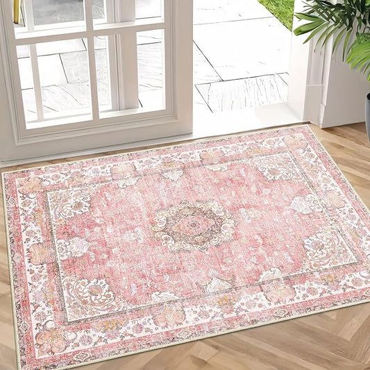 Small Rugs 2'x3',Pink Rug for Entryway Bathroom Kitchen Entrance Doormat,Boho Vintage Bohemian Distressed Washable Accent Indoor Mat Floor Throw Carpet Non Slip,Blush Floral Flowers