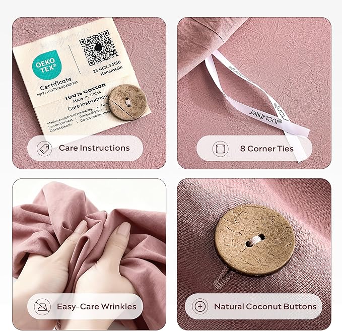 JELLYMONI 100% Washed Cotton Duvet Cover Queen – Soft, Breathable Linen-Look Bedding with Natural Wrinkle Texture, Button Closure, 3-Piece Set (Darker Rose, 90"x90")