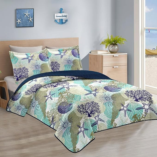 Tritard 3 Piece Coastal Quilt Sets Full/Queen Size - Reversible Microfiber Quilts with 2 Shams Soft Lightweight Beach Bedding Nautical Bedspread Coverlet Summer Comforter for All Season, 90''x96'', C6