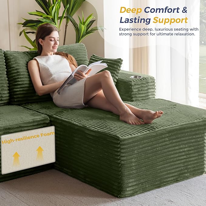 MAXYOYO 104" Modular Sectional Couch with L-Shape Chaise, Modern Boneless Couch for Living Room, Sofa in A Box, Oversized Sofa Sleeper with Deep Seat, No Assembly Required, Green