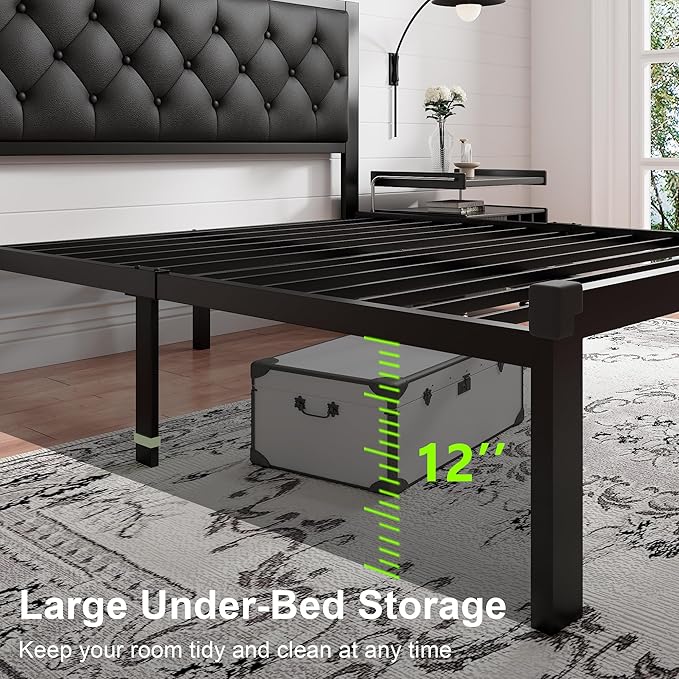 Feonase Full Size Metal Bed Frame with Faux Leather Button Tufted Headboard, Heavy-Duty Platform Bed Frame with 12" Storage, Steel Slats Support, No Box Spring Needed, Noise Free, Matte Black