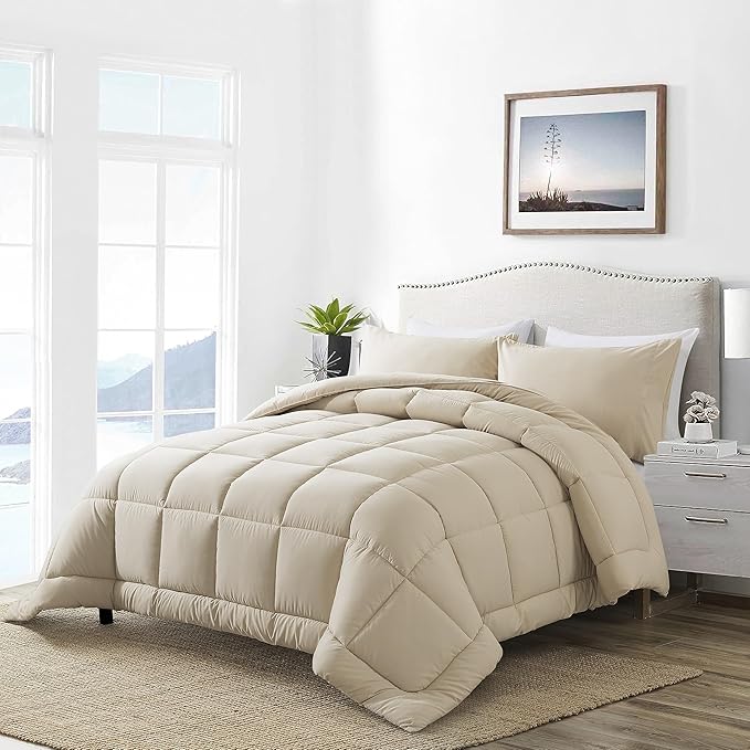 DOWNCOOL Queen Comforter Set -All Season Bedding Comforters Sets with 2 Pillow Cases-3 Pieces Bedding Sets Queen -Down Alternative Beige Queen Size Comforter Sets(88"x92")