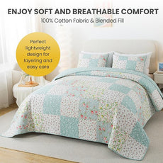 Soul & Lane Whispering Flowers Cotton Quilt Set - Twin Size with 1 Sham, White and Blue Pieced Patchwork Design, Country Floral Quilted Comforter, Lightweight Summer Farmhouse Bedding