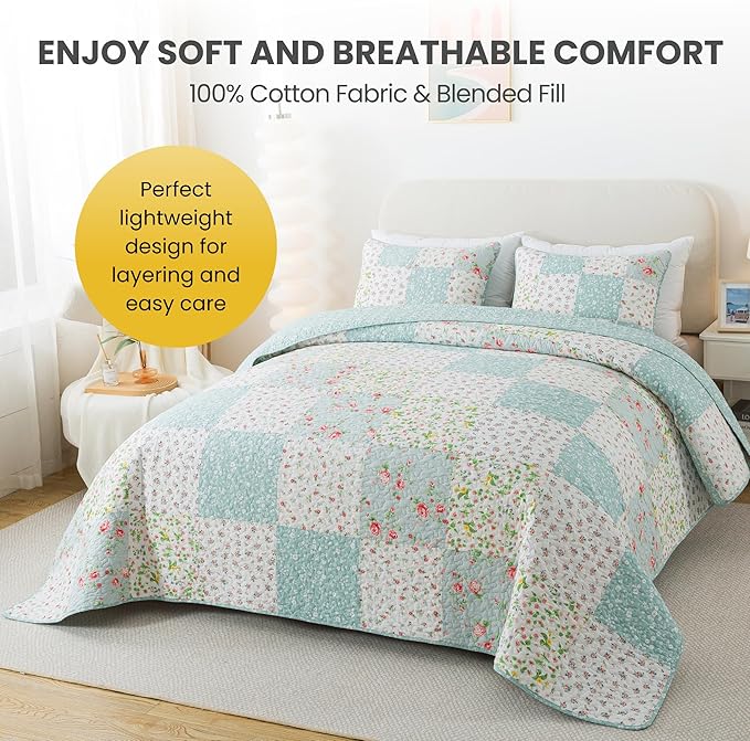 Soul & Lane Whispering Flowers Cotton Quilt Set - Queen Size with 2 Shams, White and Blue Pieced Patchwork Design, Country Floral Quilted Comforter, Lightweight Summer Farmhouse Bedding