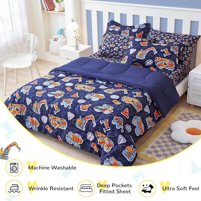 Viviland Kids Full Bedding Sets for Boys, Soft Full Comforter Set with Sheets, 7 Pieces Microfiber Bed in a Bag, Navy Blue Tractor