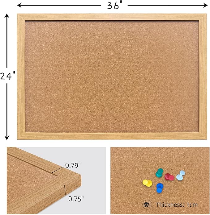 Cork Bulletin Board, 36x24 Inches Hanging Cork Board Wooden Framed with Pins for Wall, Dorm Room, Office, Home Decor – Natural Cork & Black Frame