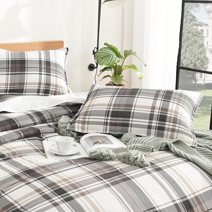 Andency Gray Brown Black Plaid Comforter Set Full(79x90Inch), 3 Pieces Grid Gingham Stripes Bedding Comforter Sets for Boys Girls Kids Teens, Preppy Geometric Line Soft Lightweight Reversible Bed Set