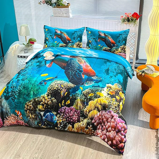 CVHOUSE Sea Turtle Bedding Set,Sea Turtle Comforter King,Ocean Beach Comforter Set for Boys Kids Girls,Ocean Quilt Set with 1 Comforter and 2 Pillow Cases