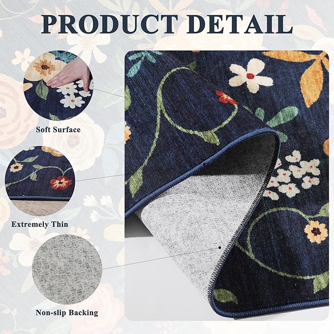 DUKINO 2x8 Runner Rug for Hallway, Washable Kitchen Runner Rug with Rubber Backing Non Slip, Low Pile Soft Boho Floral Thin Carpet for Entryway, Hallway, Bathroom, Laundry Room, Navy Blue