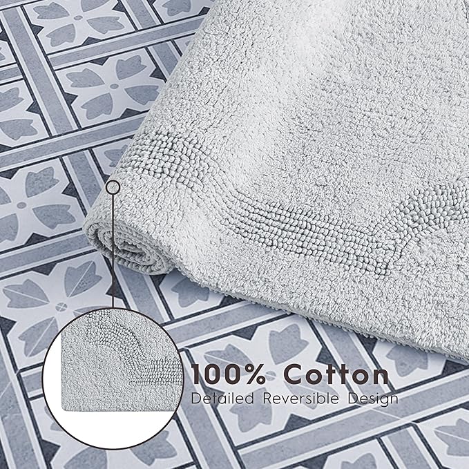 Laura Ashley - Reversible Cotton Bath Mat, Premium Bathroom Décor, Machine Washable Bathroom Rug, Highly Absorbent, 21"x34", Light Grey