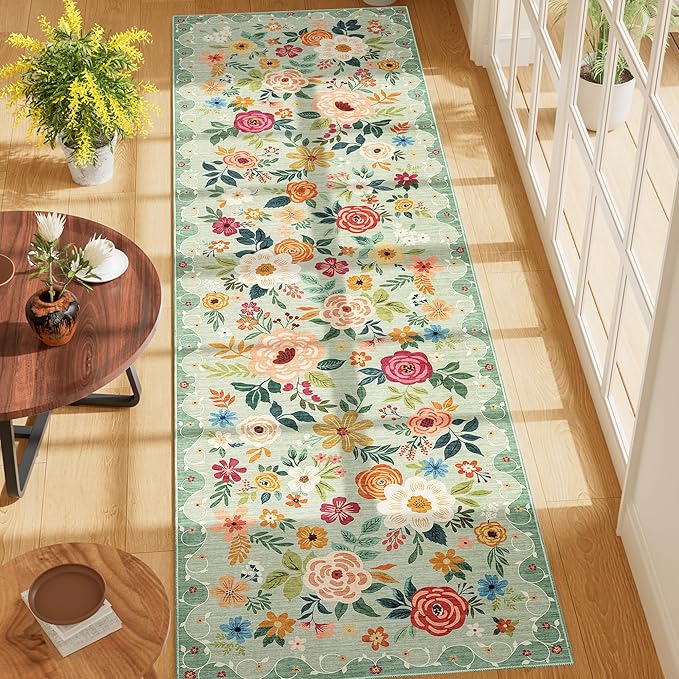 DUKINO Runner Rug, 2x7 Boho Kitchen Rug for Hallways with Low Pile Design, Washable Non Slip Backing Soft Floral Runner for Kitchen, Hallway, Entryway, Bedroom, Laundry, Green