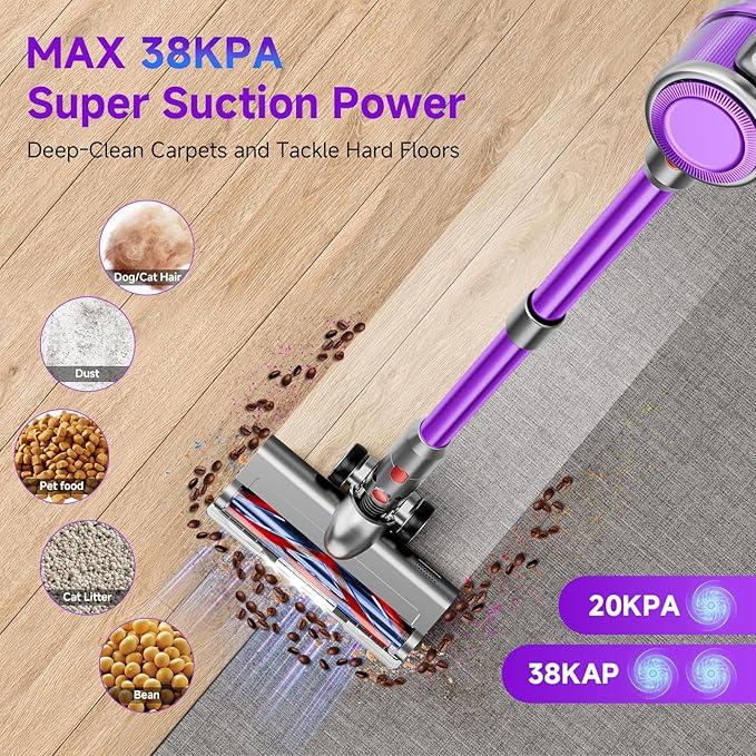 Cordless Vacuum Cleaner, 8 in 1 40Kpa 55Mins,Lightweight Vacuum Cleaners for Home, Stick Vacuum with Anti-Tangle Brush,Wall Mount, Rechargeable Cordless Vacuum for Floor/Sofa/Pet Hair,Purple